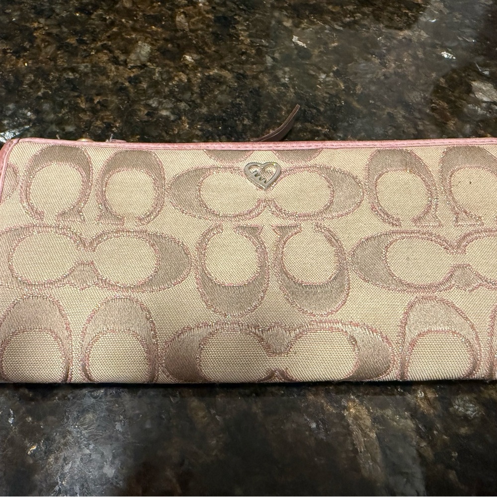 Coach Pink Trim Signature Jacquard Zip Wallet